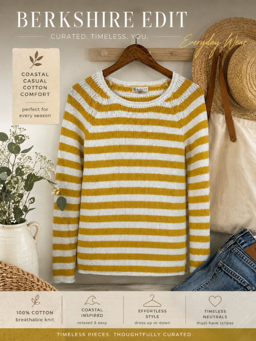 Akini Mustard White Stripe Cotton Knit Sweater Coastal Boho Medium